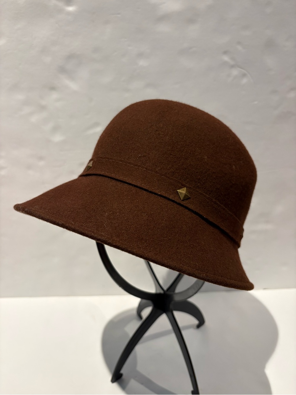 Womens Vintage Brown Wool Cloche Hat with Stud Trim